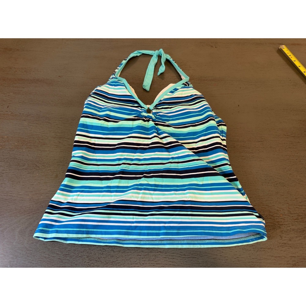 Nautica Blue Striped Halter Tankini Swim Top Size 12 V-Neck Padded